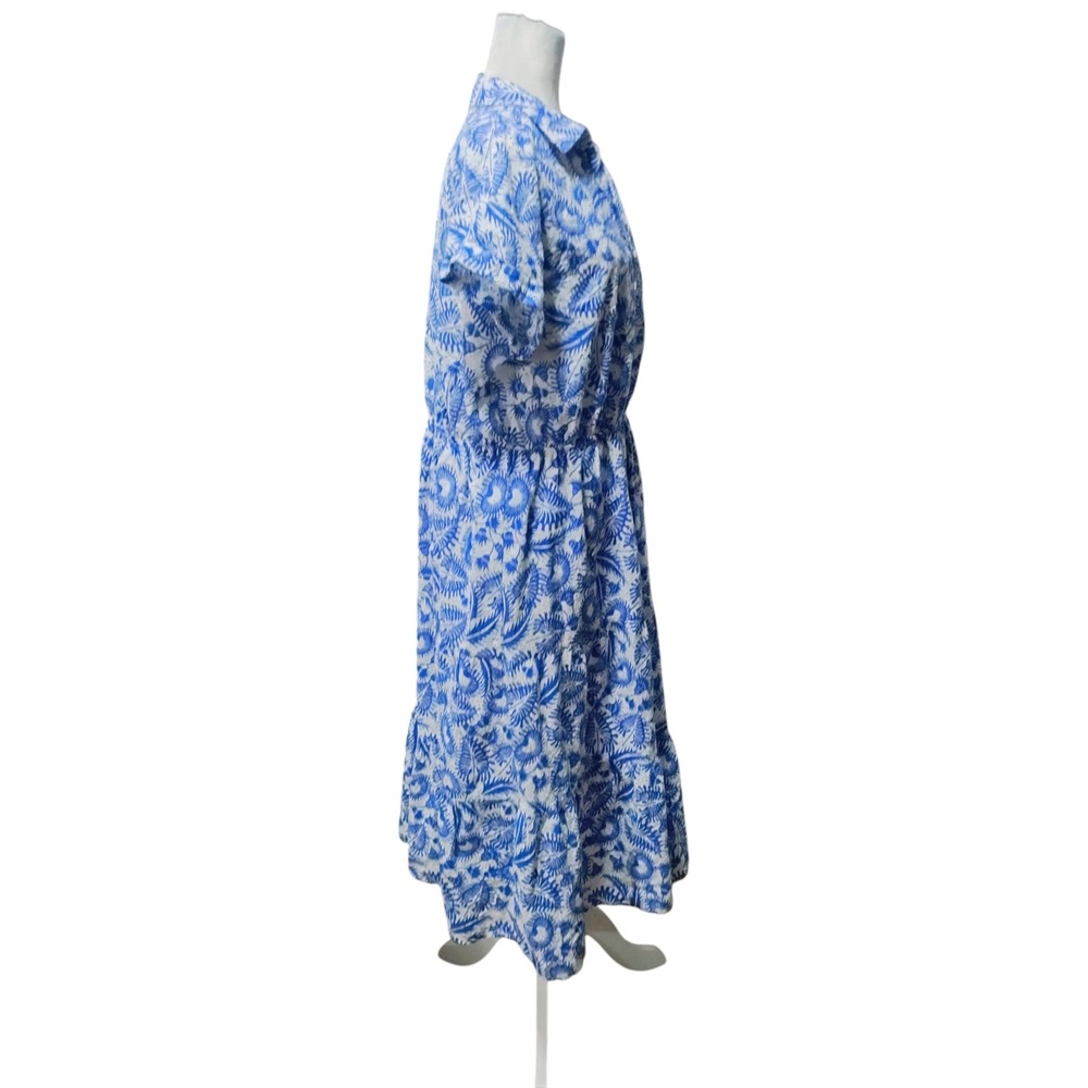 Ophelia Roe Eyelet Midi Dress Blue White Leaf Print Cottagecore Tradwife Size XL - Picture 3 of 13